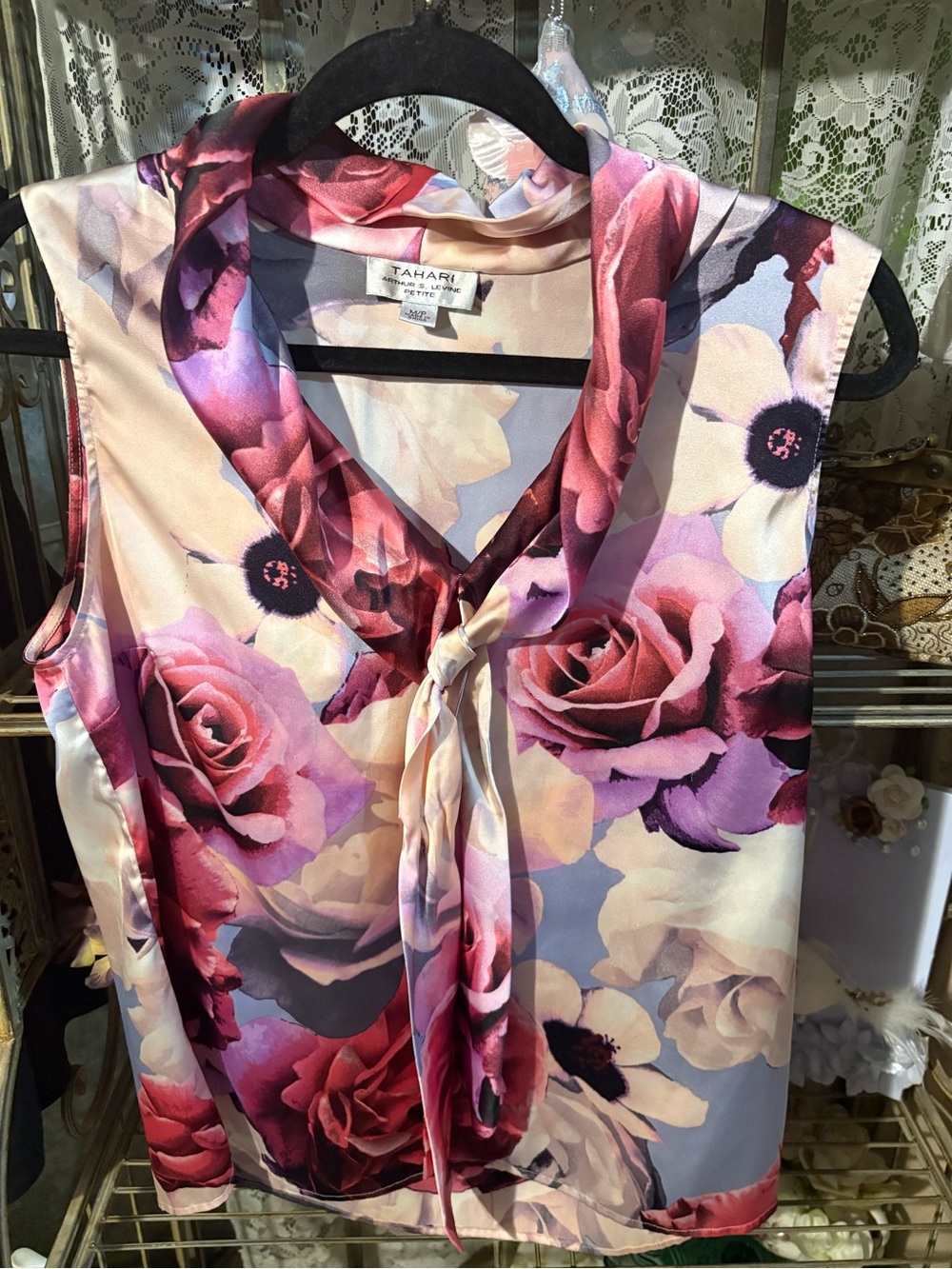 T Tahari Pink Multi Floral Tie-Neck Camisole